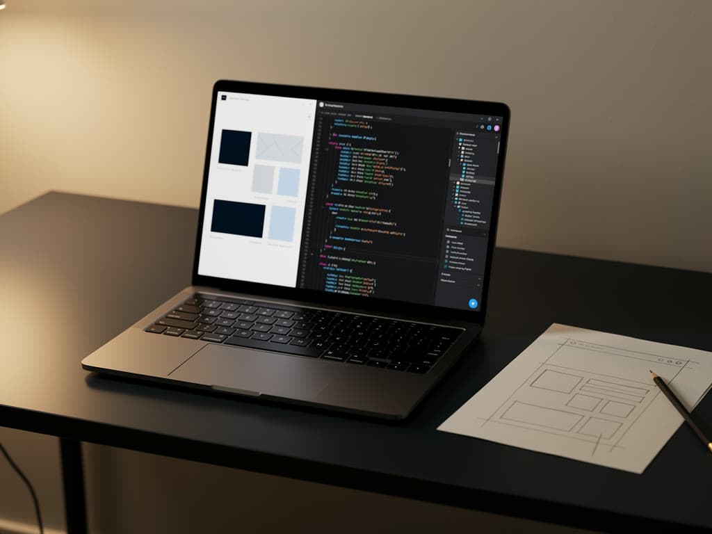 A laptop showing a site design beside its code, with the pencil sketch next to it